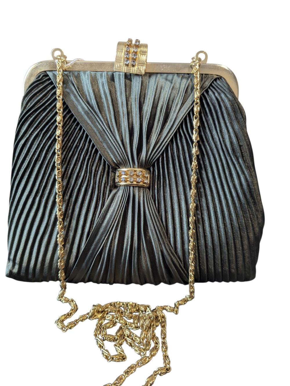 Green Satin Elegant Evening Clutch with Gold Chain